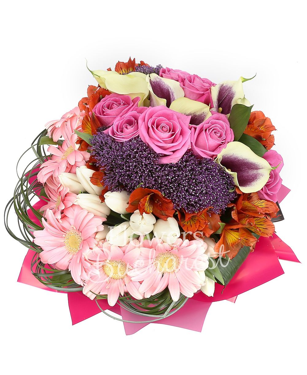 7 pink roses, 7 purple cala, 5 purple trachelium, 5 orange alstoemeria, 10 white tulips, 7 pink gerbera, greenery