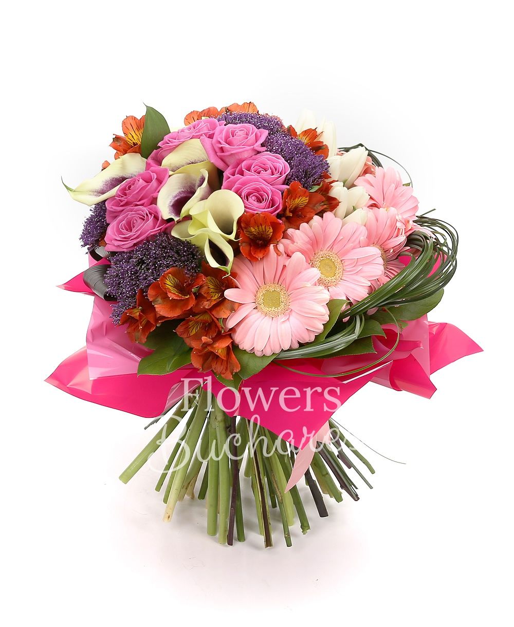 7 pink roses, 7 purple cala, 5 purple trachelium, 5 orange alstoemeria, 10 white tulips, 7 pink gerbera, greenery