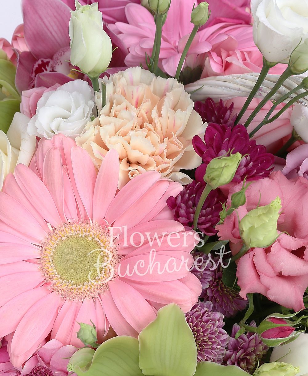 5 cyclam roses, 5 pink roses, 5 pink gerbera, 3 pink miniroses, 4 white lisianthus, 3 pink santini, 2 pink lisianthus, 2 mauve alstroemeria, 3 cyclam carnations, 3 cream carnations, garnet cymbidium, basket