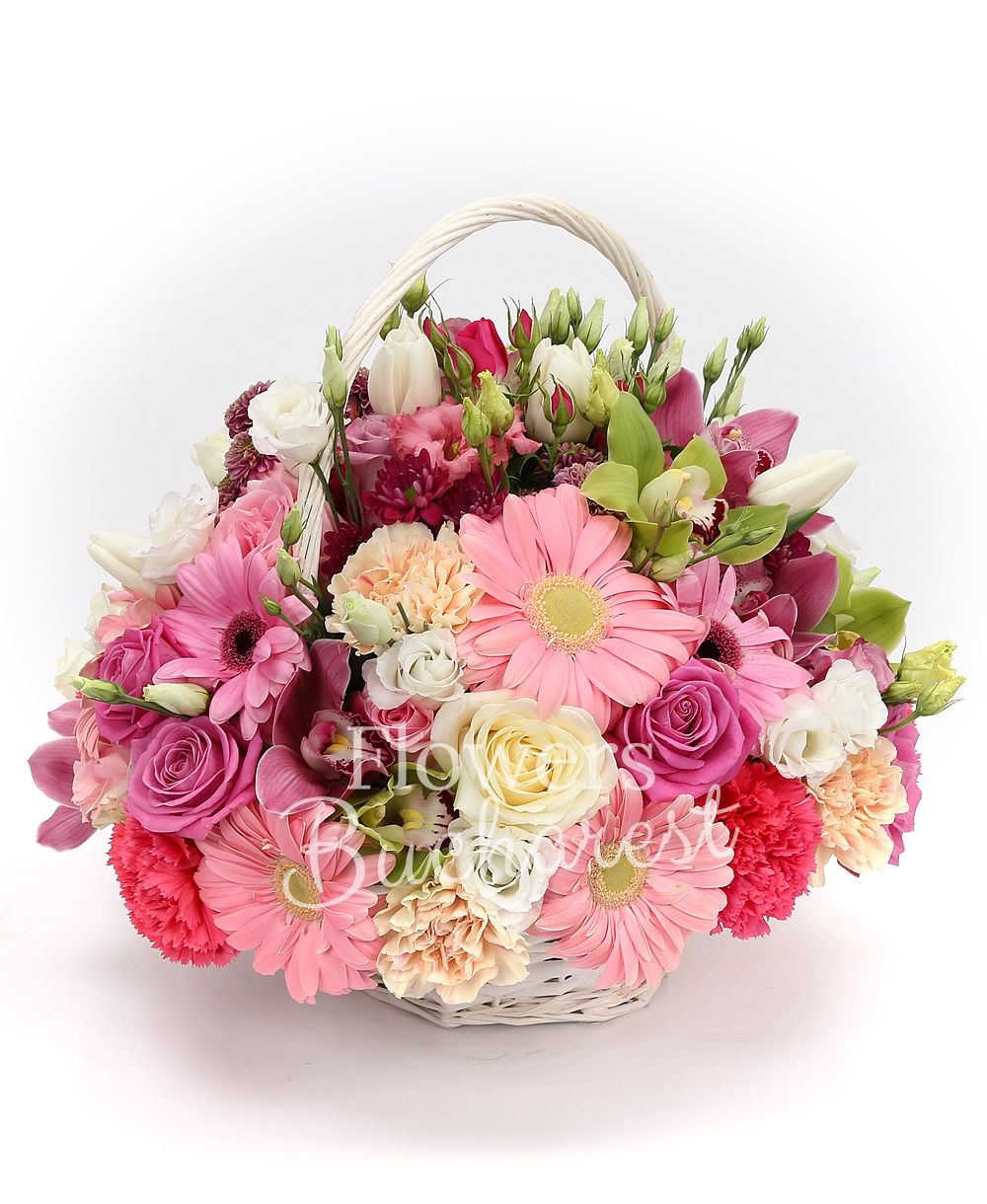 5 cyclam roses, 5 pink roses, 5 pink gerbera, 3 pink miniroses, 4 white lisianthus, 3 pink santini, 2 pink lisianthus, 2 mauve alstroemeria, 3 cyclam carnations, 3 cream carnations, garnet cymbidium, basket