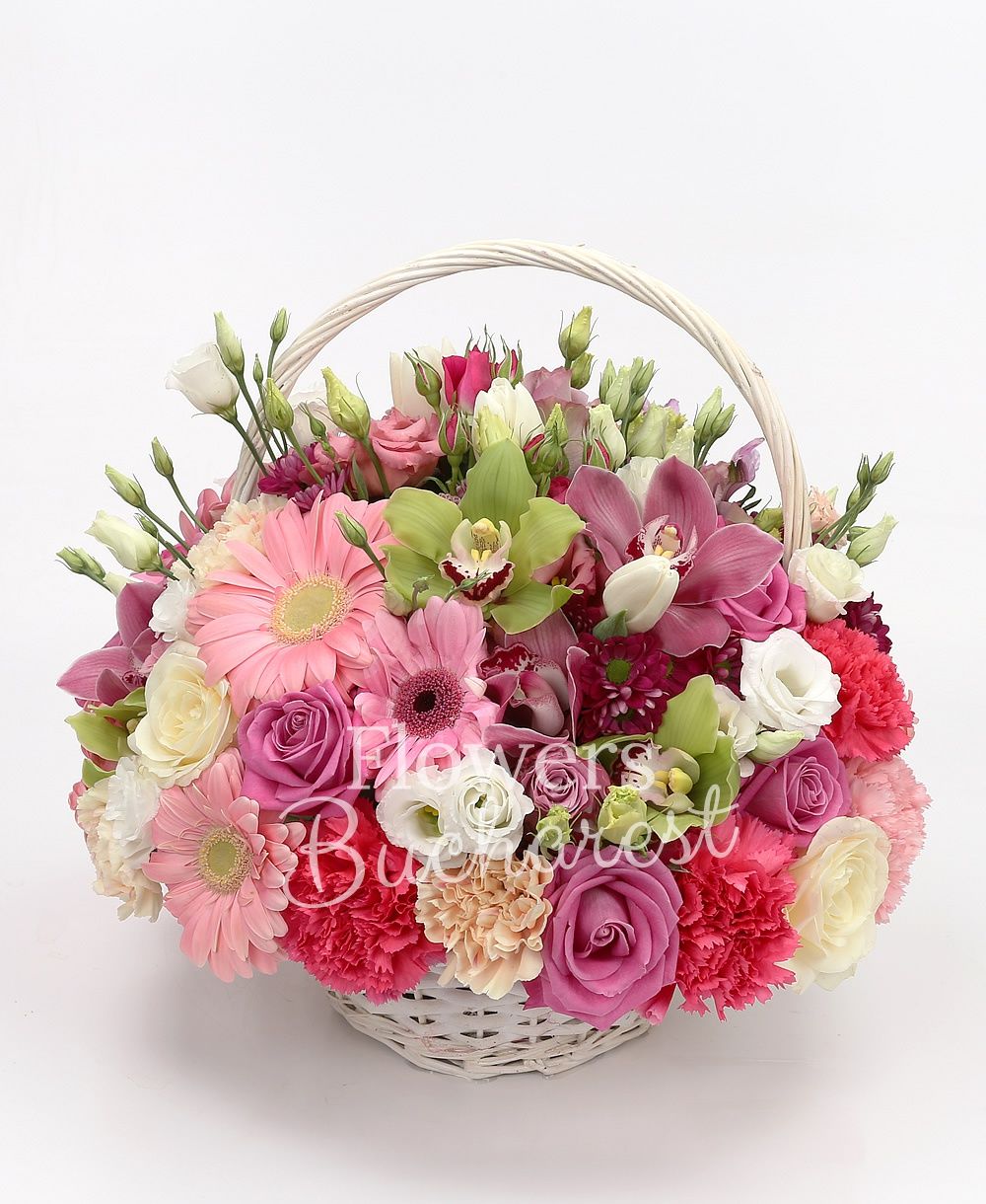 5 cyclam roses, 5 pink roses, 5 pink gerbera, 3 pink miniroses, 4 white lisianthus, 3 pink santini, 2 pink lisianthus, 2 mauve alstroemeria, 3 cyclam carnations, 3 cream carnations, garnet cymbidium, basket