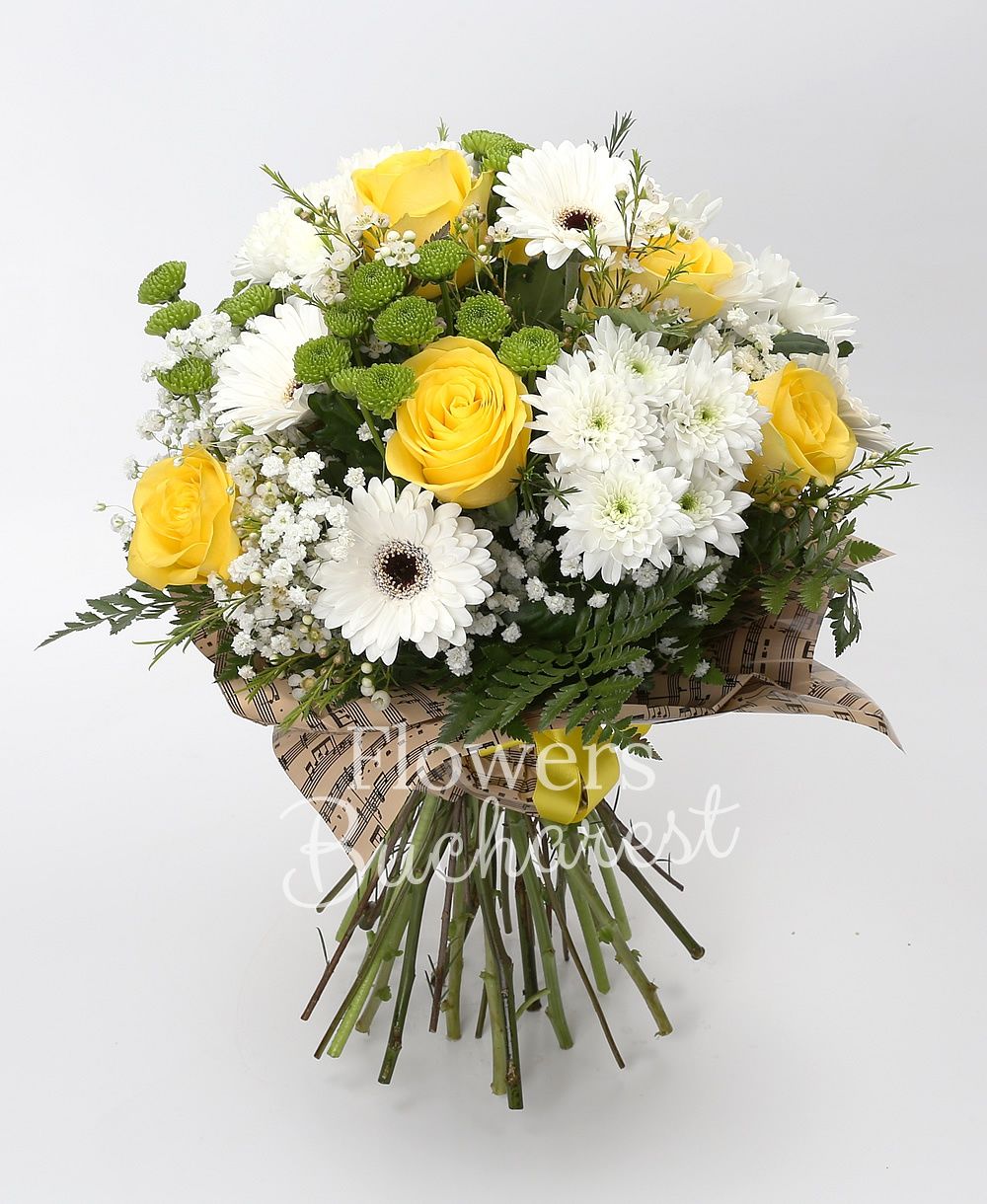 7 yellow roses, 4 white chrysanthemums, 7 white gerberas, 5 green santini, greenery