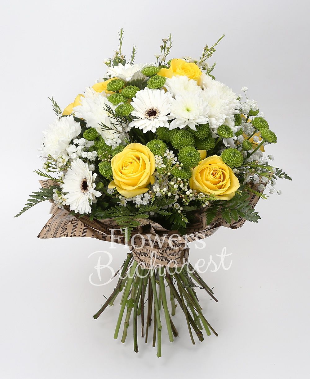 7 yellow roses, 4 white chrysanthemums, 7 white gerberas, 5 green santini, greenery