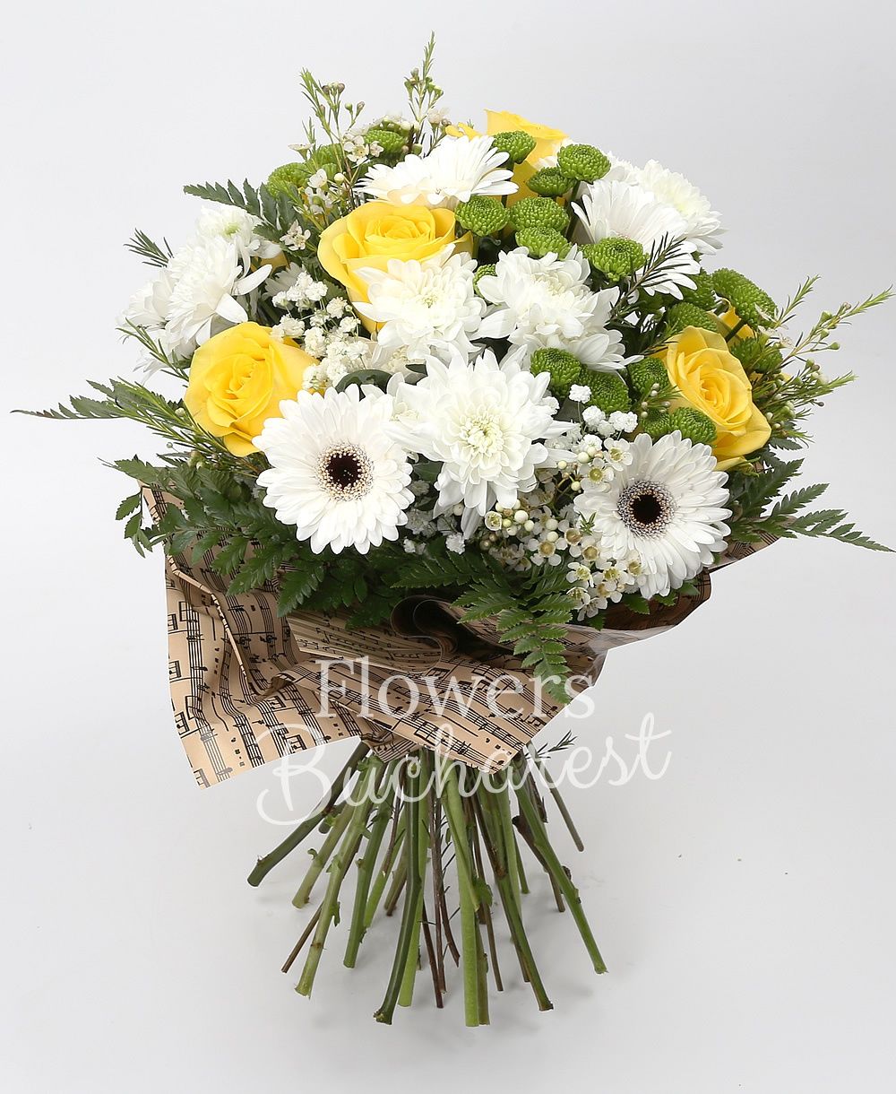 7 yellow roses, 4 white chrysanthemums, 7 white gerberas, 5 green santini, greenery