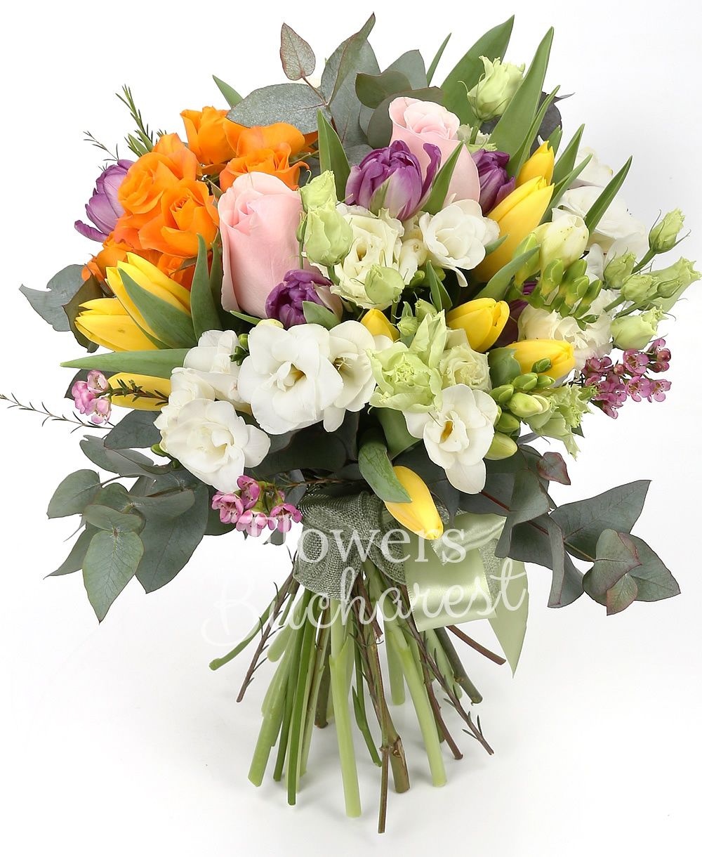 3 pink roses, 2 orange miniroses, 10 white freesias, 10 purple tulips, 10 yellow tulips, 3 white lisianthus, greenery