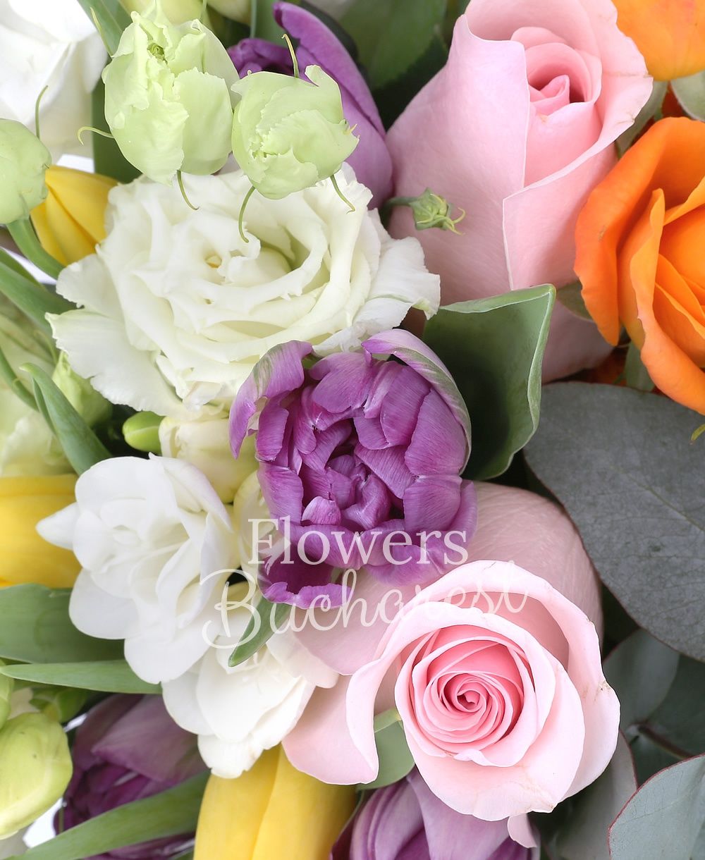 3 pink roses, 2 orange miniroses, 10 white freesias, 10 purple tulips, 10 yellow tulips, 3 white lisianthus, greenery
