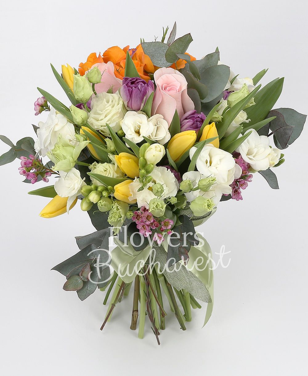 3 pink roses, 2 orange miniroses, 10 white freesias, 10 purple tulips, 10 yellow tulips, 3 white lisianthus, greenery