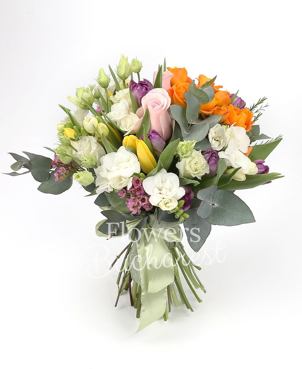 3 pink roses, 2 orange miniroses, 10 white freesias, 10 purple tulips, 10 yellow tulips, 3 white lisianthus, greenery