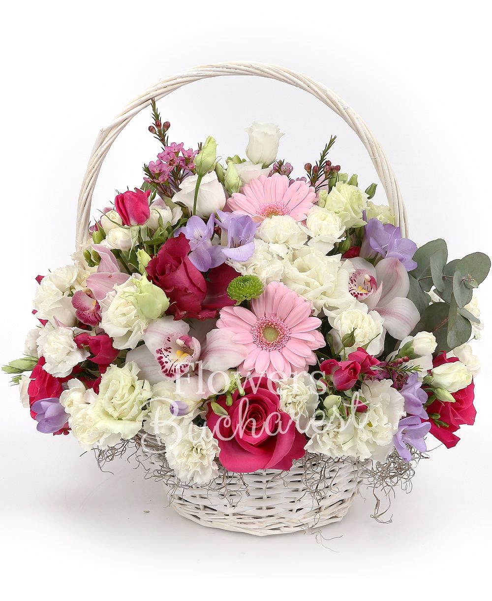 5 cyclam roses, 5 cyclam miniroses, 5 pink gerberas, 4 white lisianthus, 10 purple freesias, white cymbidium, 5 white carnations, greenery