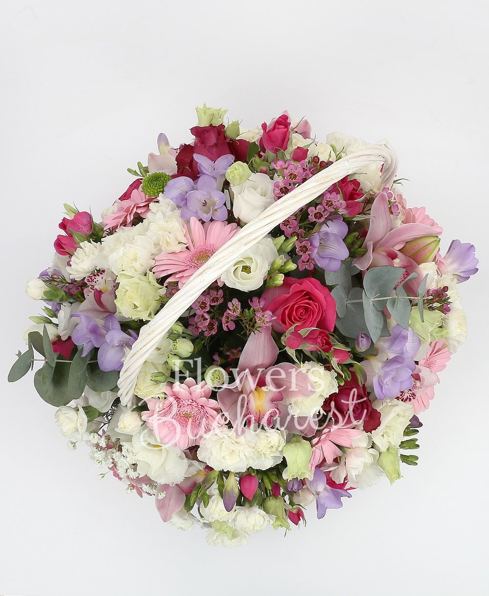 5 cyclam roses, 5 cyclam miniroses, 5 pink gerberas, 4 white lisianthus, 10 purple freesias, white cymbidium, 5 white carnations, greenery