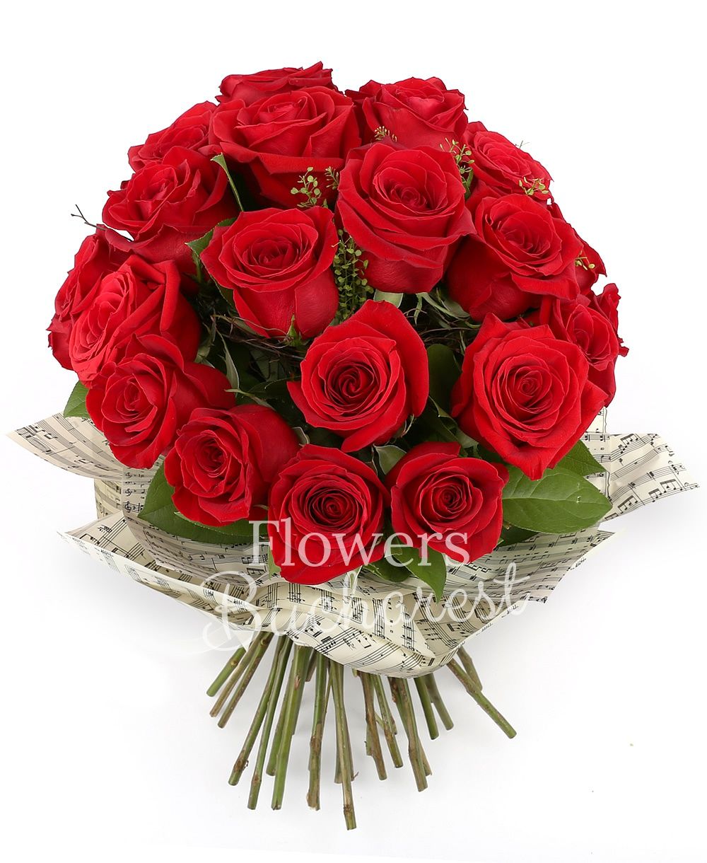 21 red roses, greenery