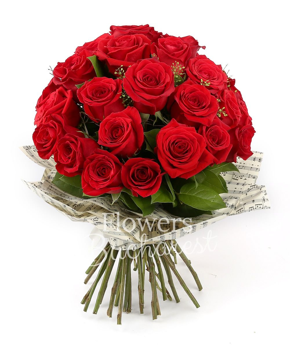21 red roses, greenery