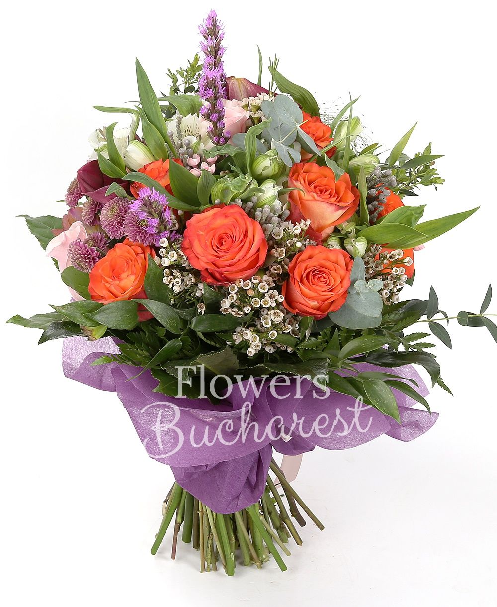 7 orange roses, 3 pink roses, 5 red roses, 5 pink bouvardia, 3 purple chrysanthemums, 5 green freesias, 3 liatris, 5 white alstroemerias, 3 waxflowers, 5 brunia, 3 panicum, greenery