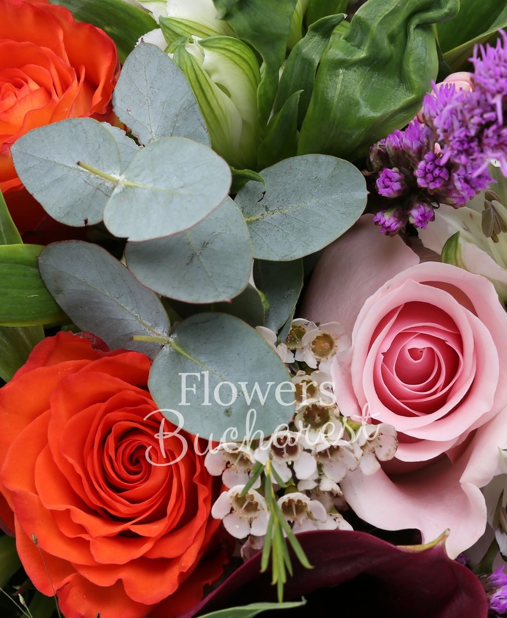 7 orange roses, 3 pink roses, 5 red roses, 5 pink bouvardia, 3 purple chrysanthemums, 5 green freesias, 3 liatris, 5 white alstroemerias, 3 waxflowers, 5 brunia, 3 panicum, greenery