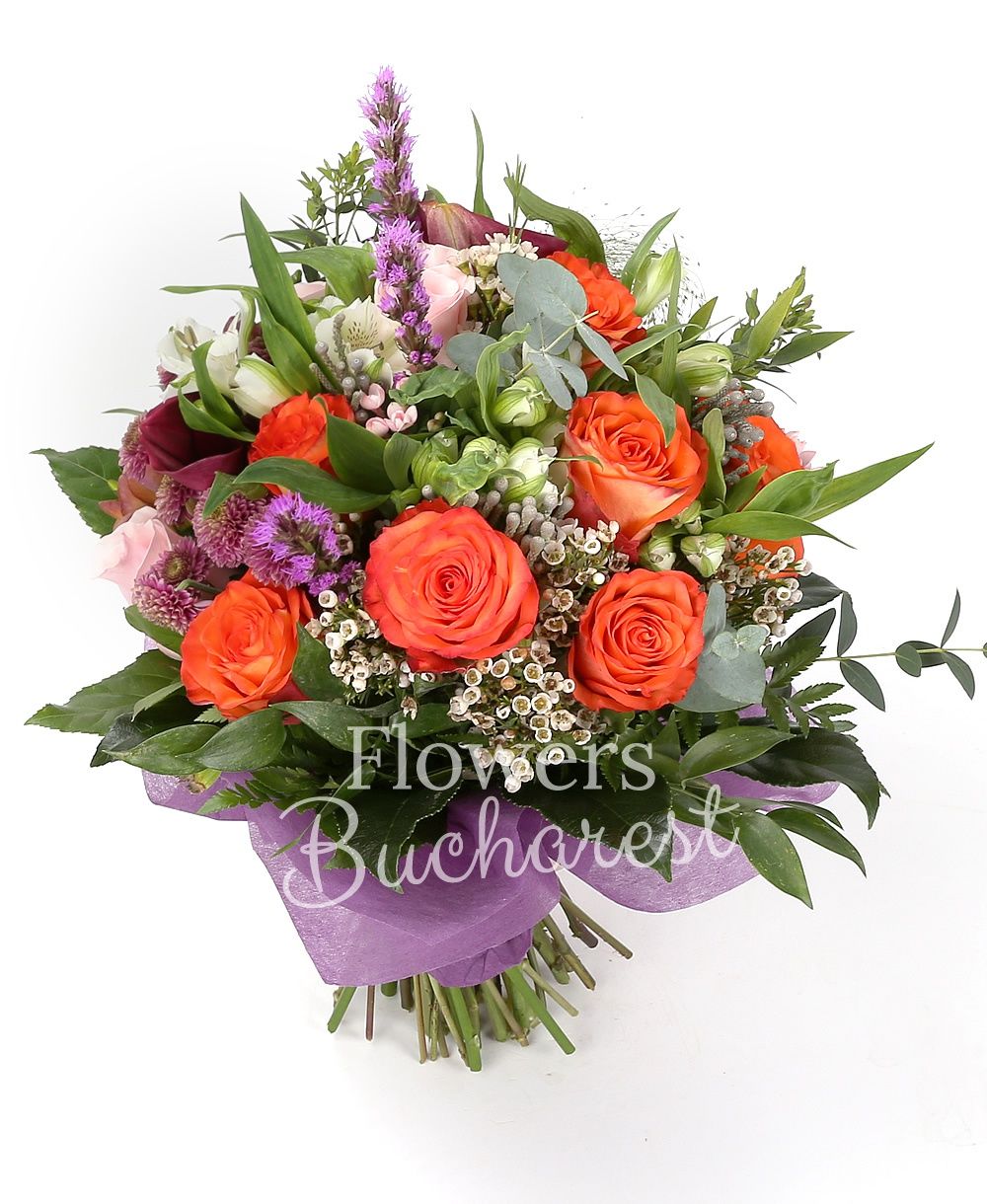 7 orange roses, 3 pink roses, 5 red roses, 5 pink bouvardia, 3 purple chrysanthemums, 5 green freesias, 3 liatris, 5 white alstroemerias, 3 waxflowers, 5 brunia, 3 panicum, greenery