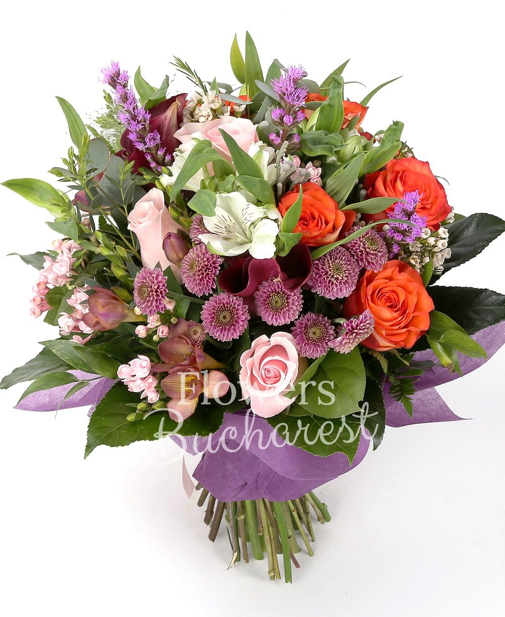 7 orange roses, 3 pink roses, 5 red roses, 5 pink bouvardia, 3 purple chrysanthemums, 5 green freesias, 3 liatris, 5 white alstroemerias, 3 waxflowers, 5 brunia, 3 panicum, greenery