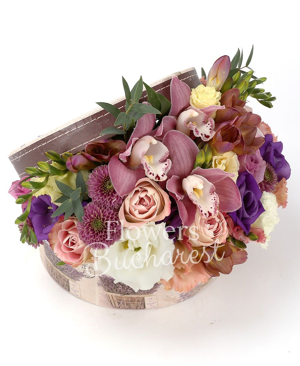 3 pink roses, 3 purple roses, 2 pink lisianthus, 2 purple santini, 5 garnet freesias, 1 white lisianthus, 1 purple lisianthus