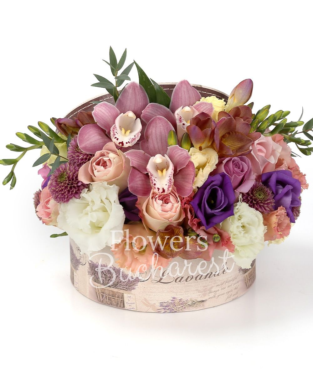 3 pink roses, 3 purple roses, 2 pink lisianthus, 2 purple santini, 5 garnet freesias, 1 white lisianthus, 1 purple lisianthus