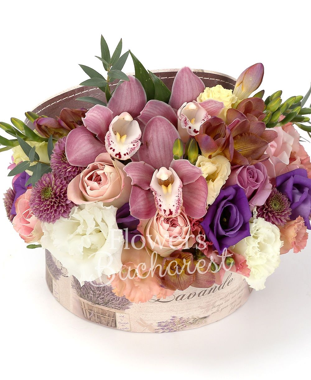 3 pink roses, 3 purple roses, 2 pink lisianthus, 2 purple santini, 5 garnet freesias, 1 white lisianthus, 1 purple lisianthus