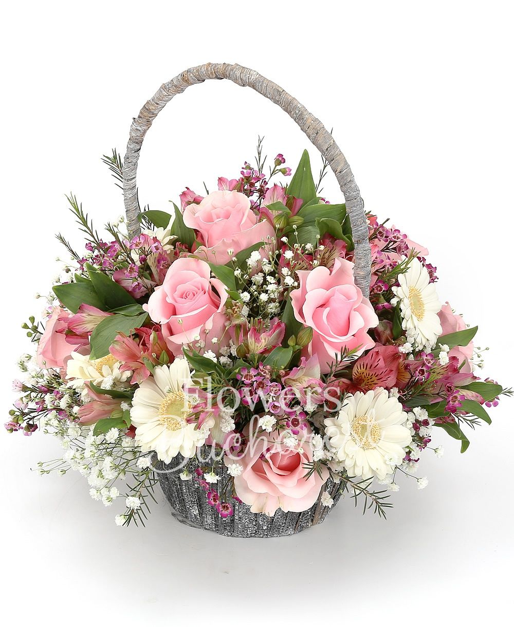 7 pink roses, 6 white gerbera, 5 pink alstroemeria, greenery