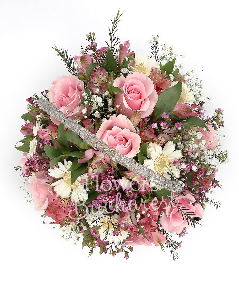 7 pink roses, 6 white gerbera, 5 pink alstroemeria, greenery