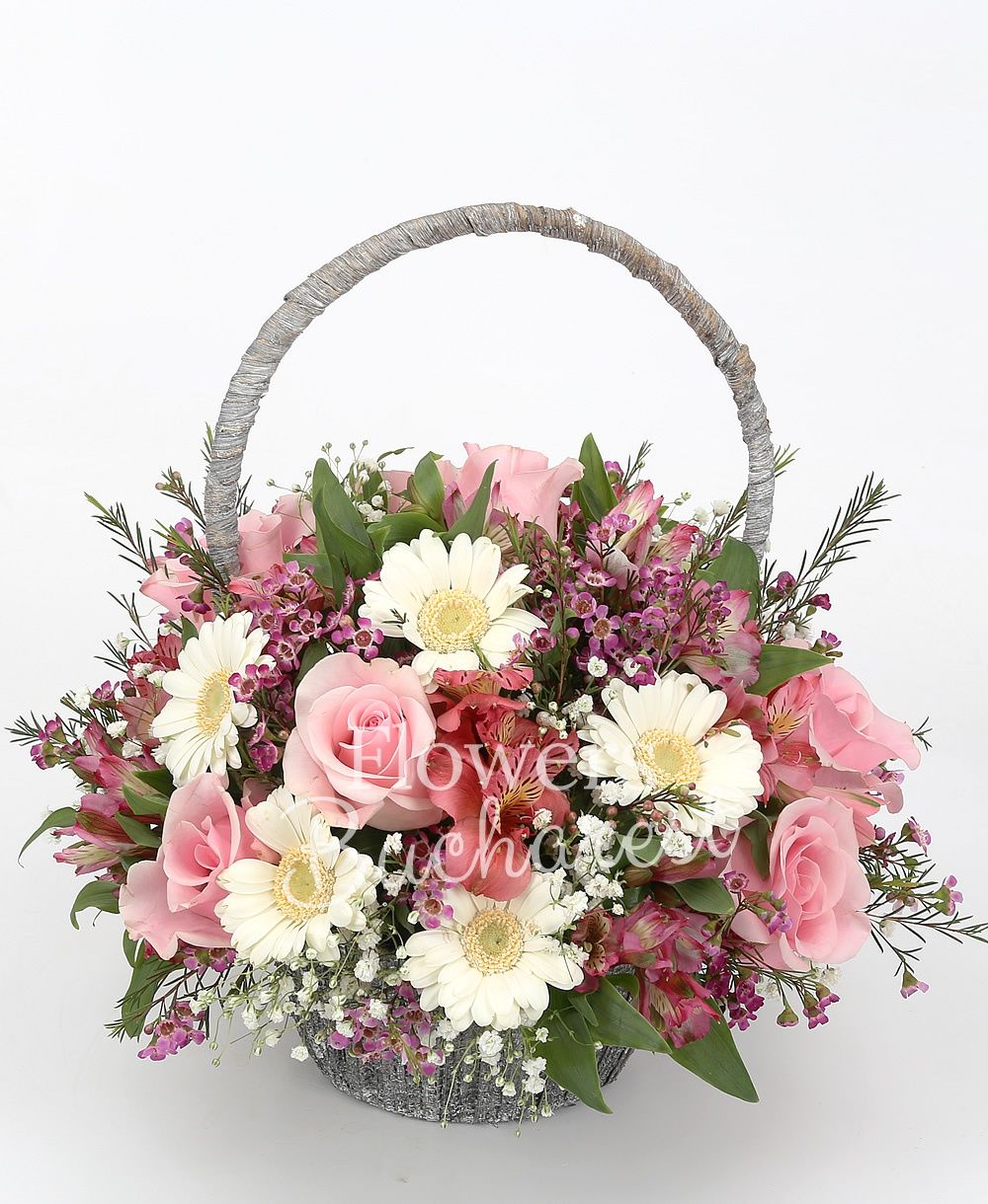 7 pink roses, 6 white gerbera, 5 pink alstroemeria, greenery