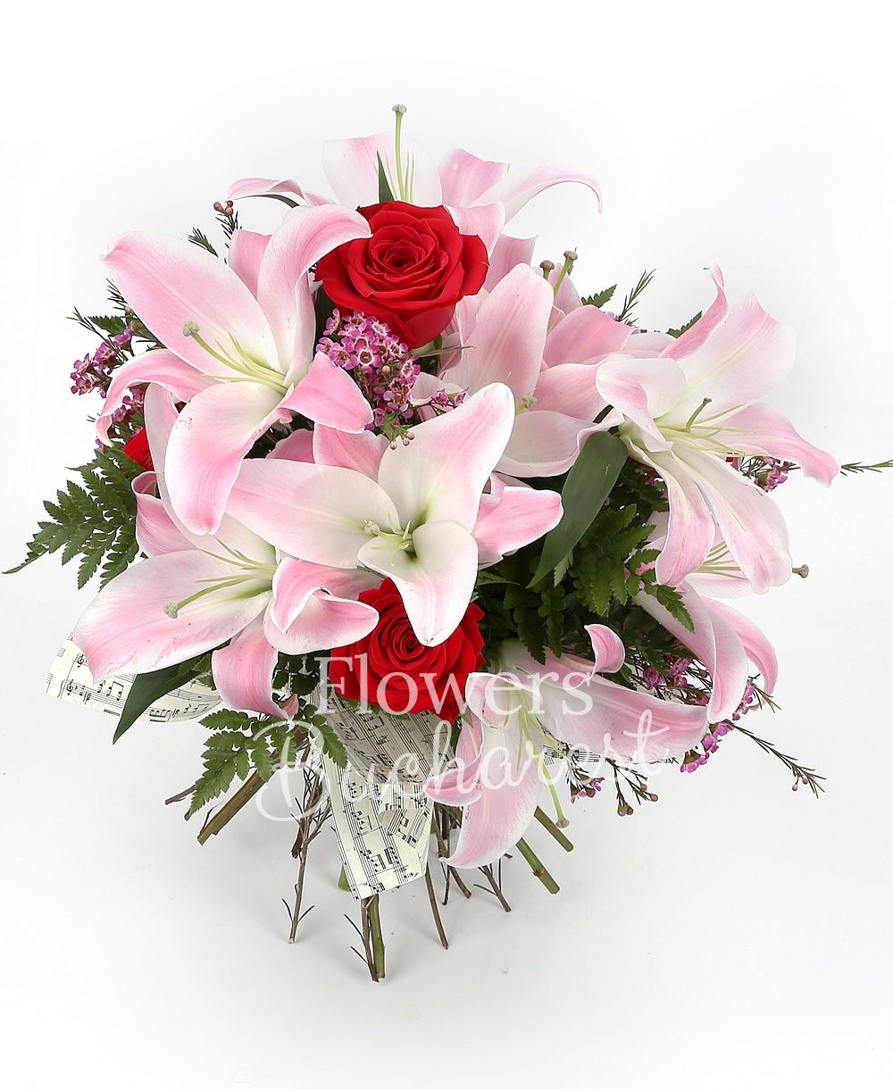 3 pink lilies, 5 red roses, greenery