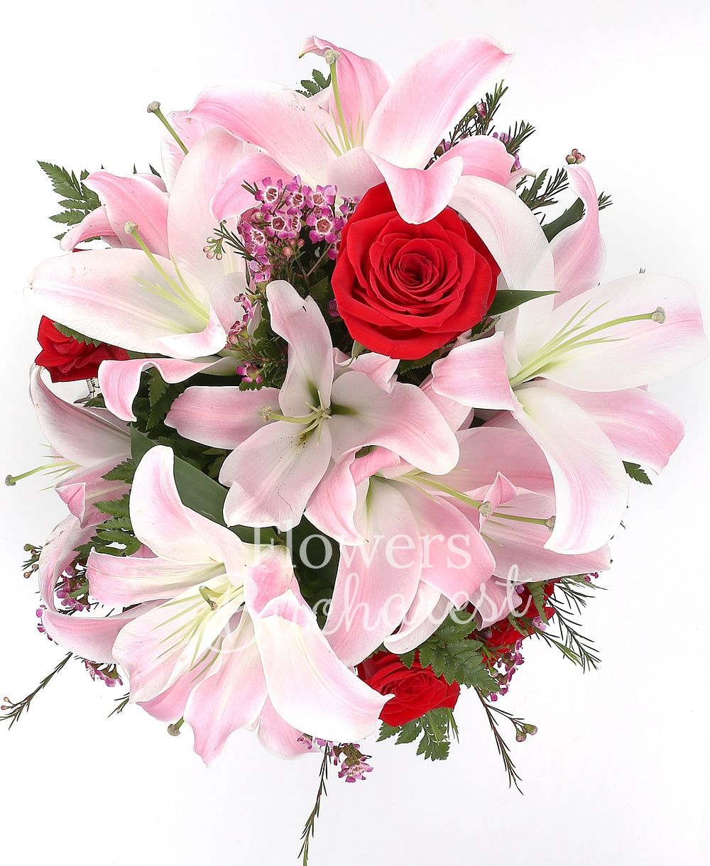 3 pink lilies, 5 red roses, greenery
