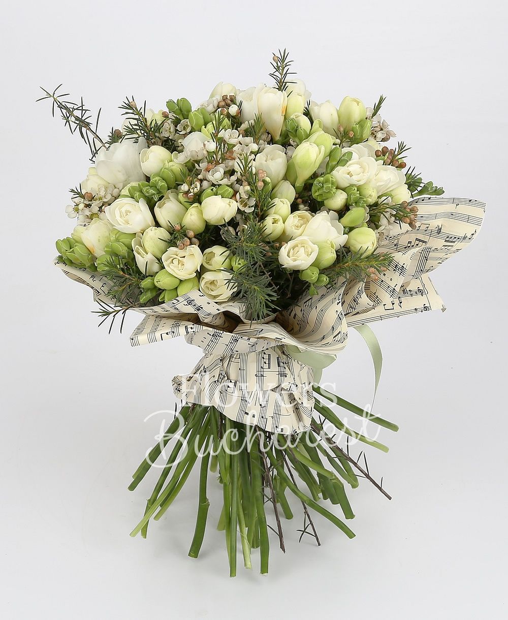 35 white freesias, greenery