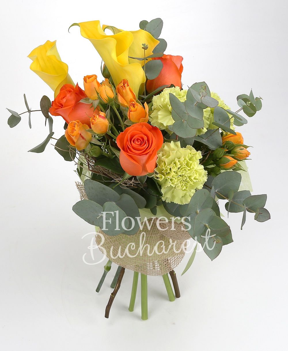 3 orange roses, 3 yellow cala, 3 orange miniroses, 3 green carnations, greenery