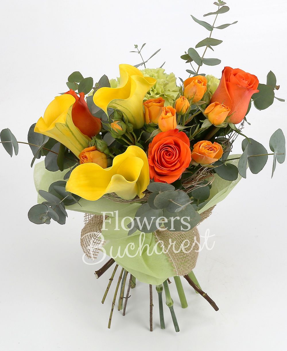 3 orange roses, 3 yellow cala, 3 orange miniroses, 3 green carnations, greenery