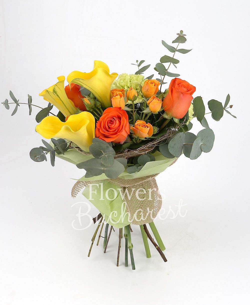 3 orange roses, 3 yellow cala, 3 orange miniroses, 3 green carnations, greenery