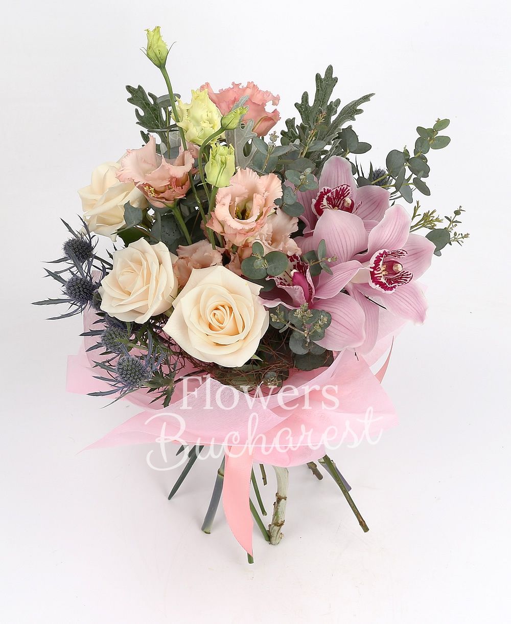 3 cream roses, 3 pink lisianthus, 2 eryngium, garnet cymbidium, greenery