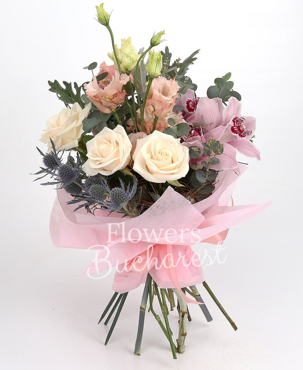 3 cream roses, 3 pink lisianthus, 2 eryngium, garnet cymbidium, greenery