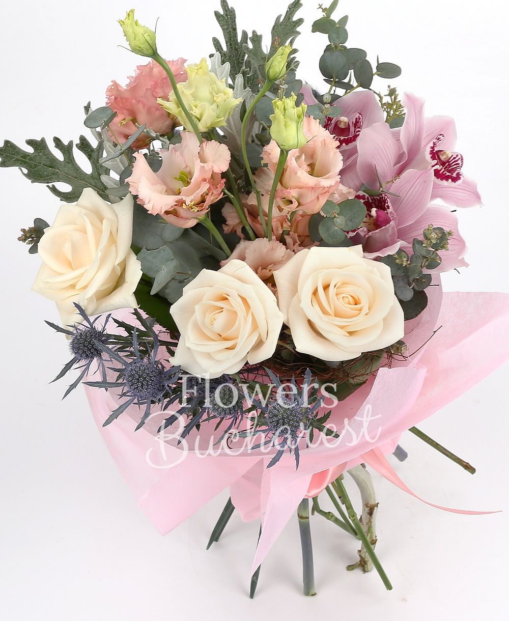 3 cream roses, 3 pink lisianthus, 2 eryngium, garnet cymbidium, greenery