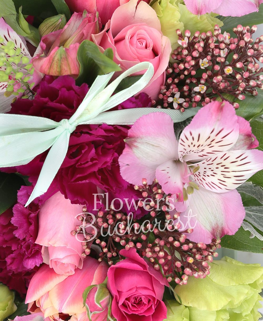 5 pink roses, 2 pink alstroemeria, green lisianthus, 5 pink tulips, 3 garnet carnations, greenery