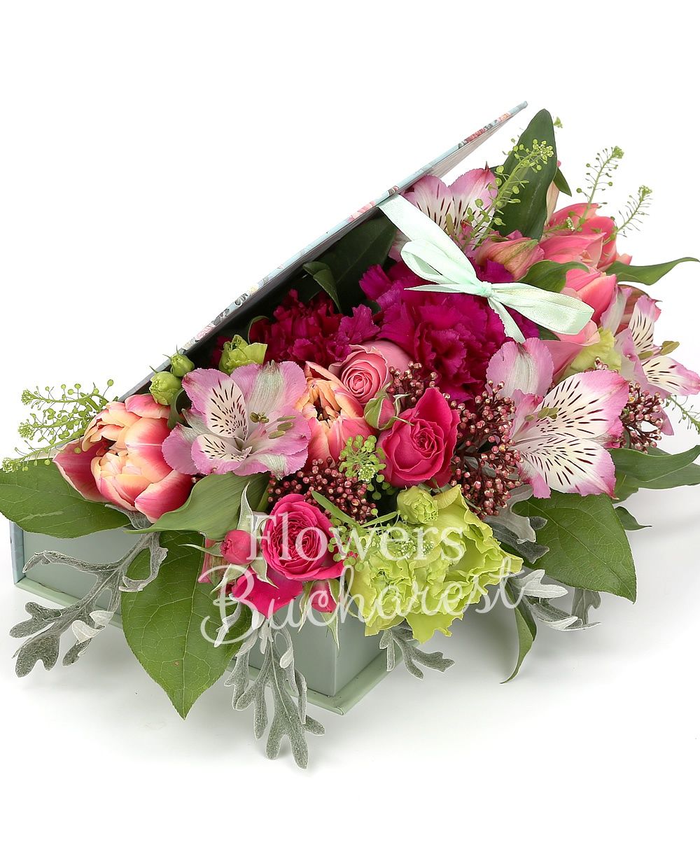 5 pink roses, 2 pink alstroemeria, green lisianthus, 5 pink tulips, 3 garnet carnations, greenery