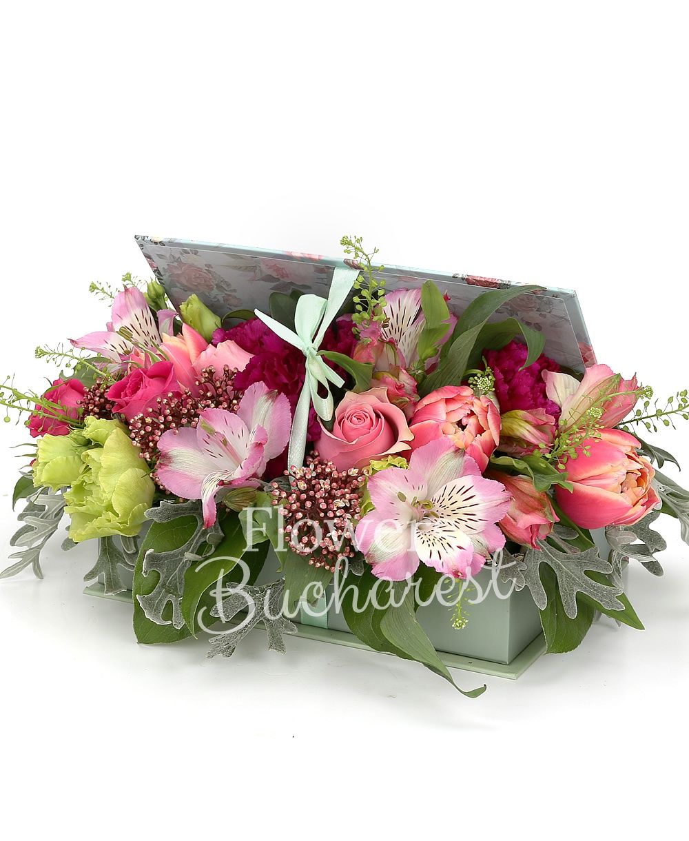 5 pink roses, 2 pink alstroemeria, green lisianthus, 5 pink tulips, 3 garnet carnations, greenery