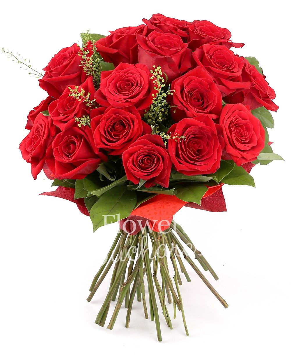 19 red roses, greenery