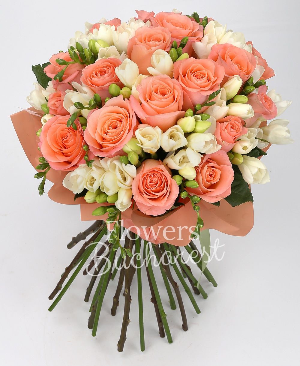 19 pink roses, 40 white freesias