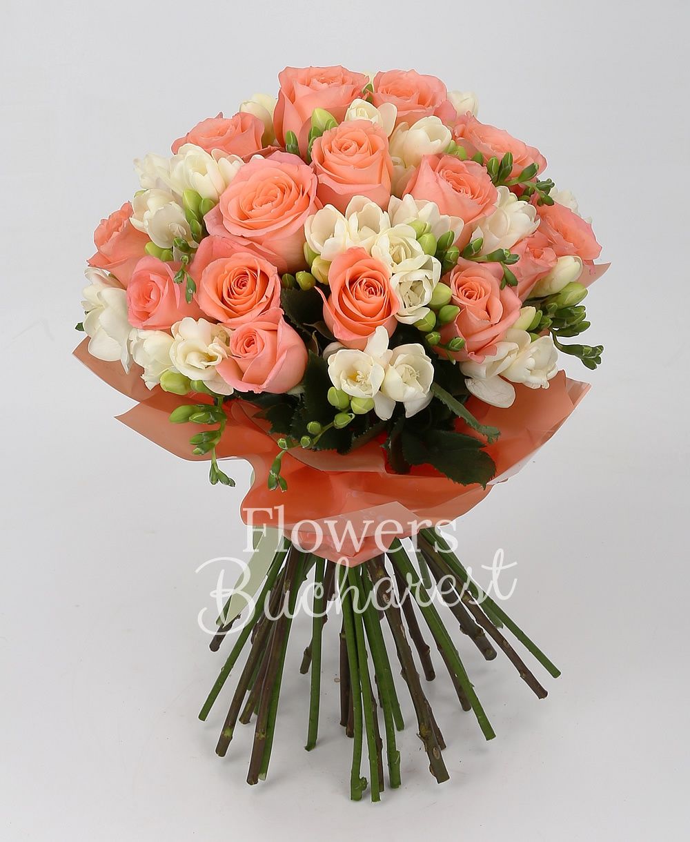 19 pink roses, 40 white freesias