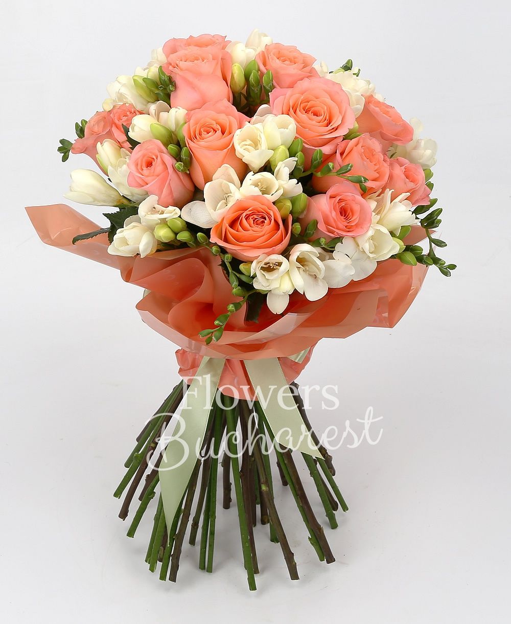 19 pink roses, 40 white freesias