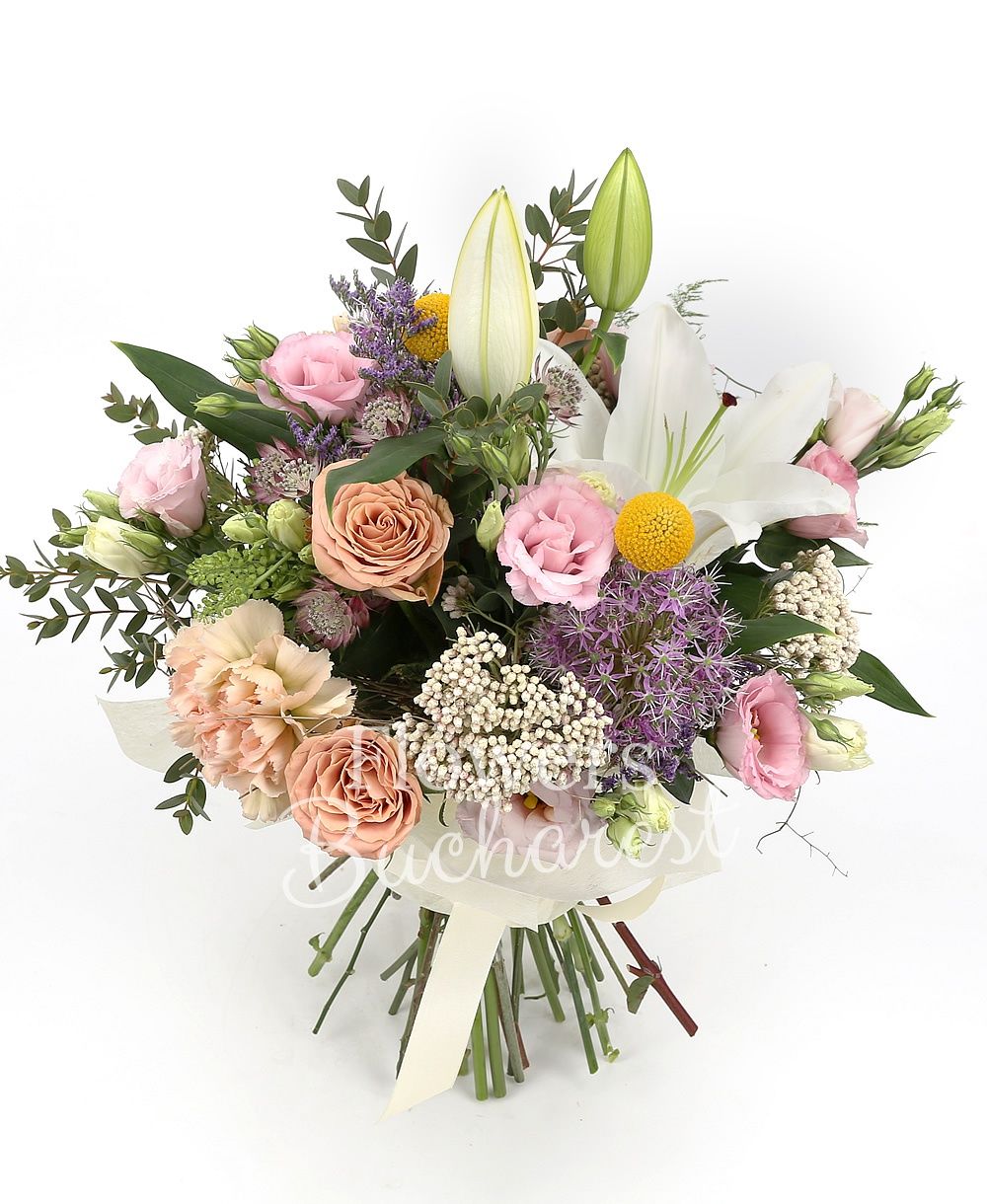 1 white imperial lily, 5 cappuccino roses, 3 cream carnations, 3 pink lisianthus, 3 rice flower, red astranția, 3 allium, greenery