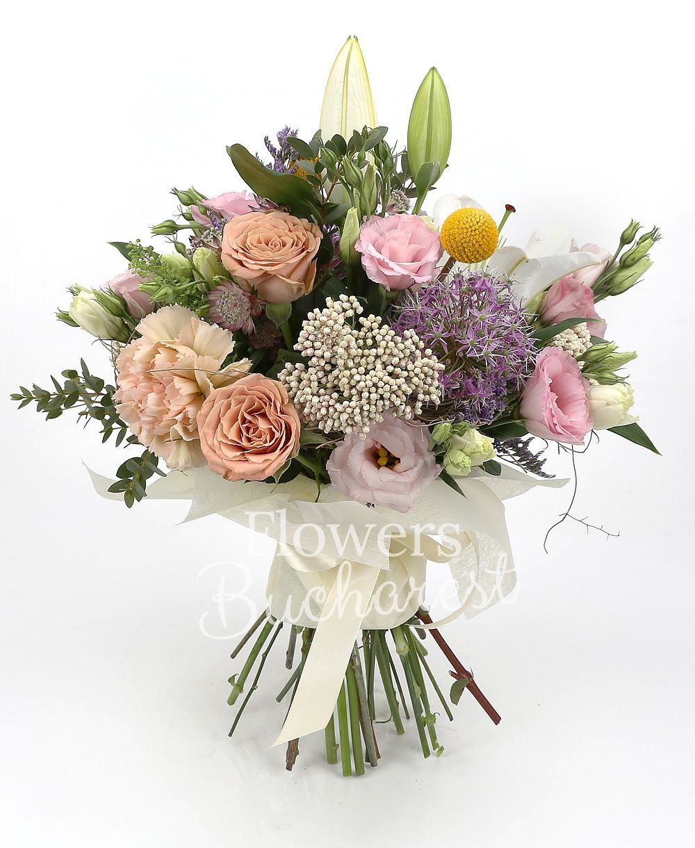 1 white imperial lily, 5 cappuccino roses, 3 cream carnations, 3 pink lisianthus, 3 rice flower, red astranția, 3 allium, greenery