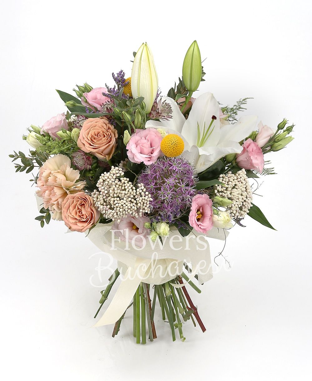 1 white imperial lily, 5 cappuccino roses, 3 cream carnations, 3 pink lisianthus, 3 rice flower, red astranția, 3 allium, greenery