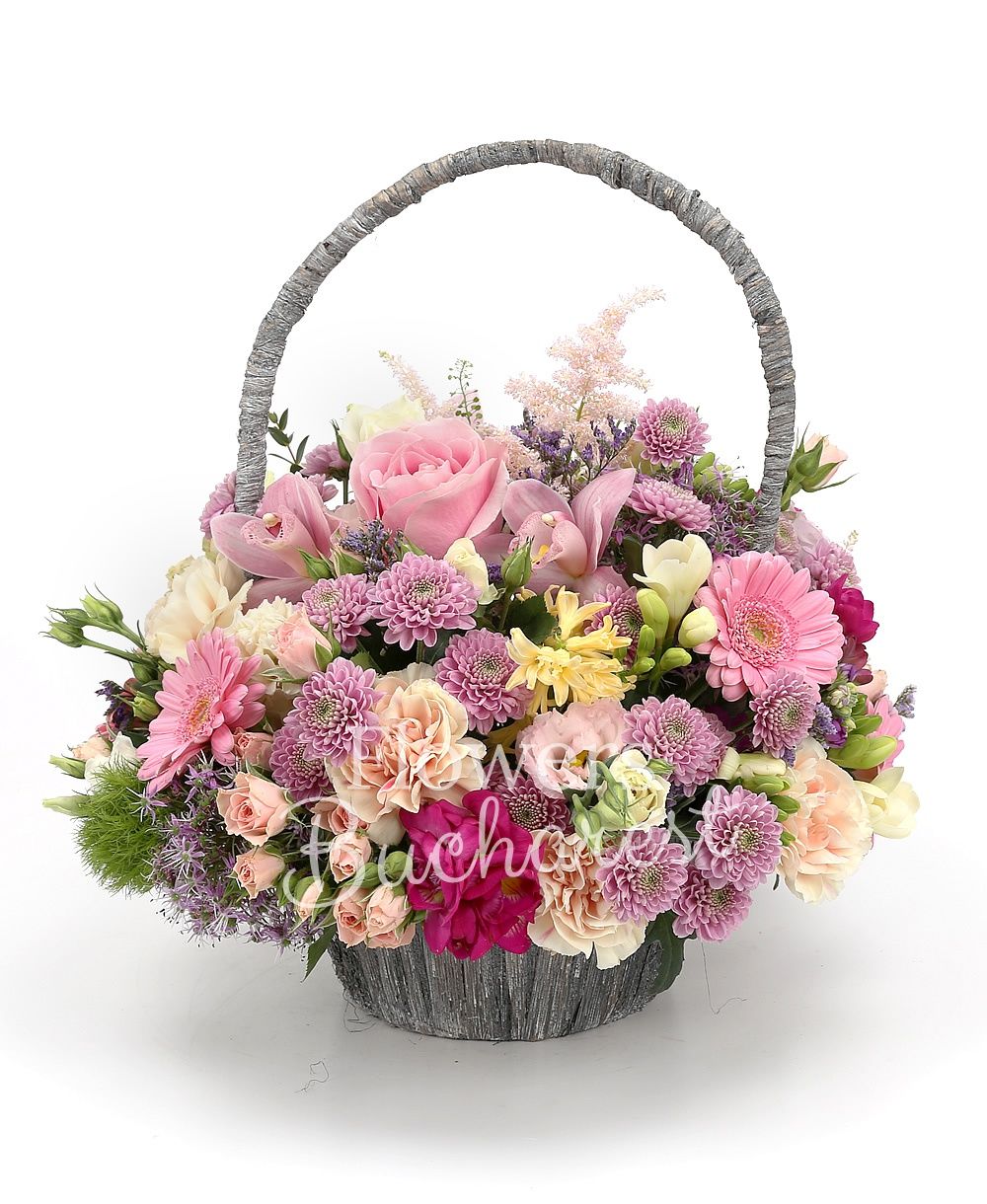 3 pink roses, 5 pink miniroses, 5 mauve chrysanthemums, 5 pink gerbera, 5 cream carnations, 3 pink lisianthus, 3 pink astilbe, 5 white freesias, 5 pink gerbera, 5 cyclam freesias, 5 green carnations, red astranția, 3 allium, statice