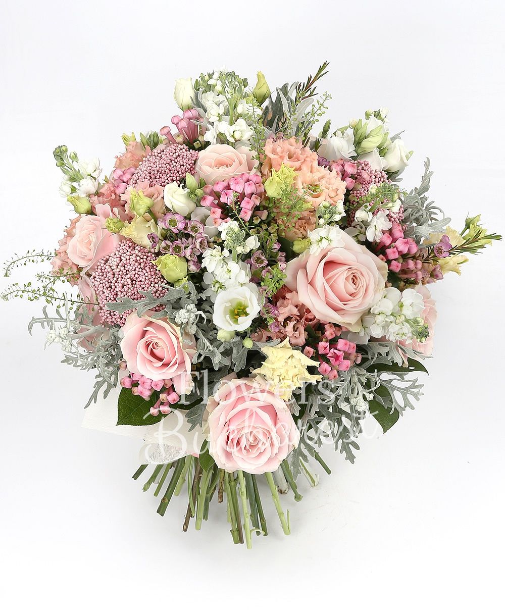 10 pink roses, 10 white matthiola, 5 pink lisianthus, 10 pink bouvardia, 5 rice flower, 5 white lisianthus, 3 agapanthus, greenery