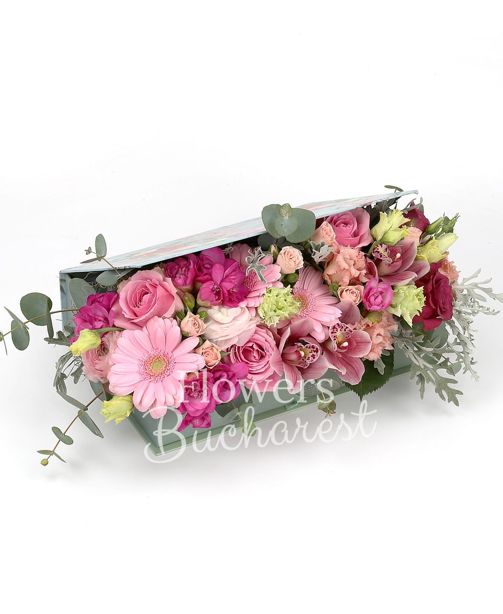 3 pink roses, 2 cymbidium roses, 3 pink gerberas, 3 pink miniroses, 3 pink lisianthus, 5 cyclam freesias, 3 pink ranunculus, pink cymbidium, greenery