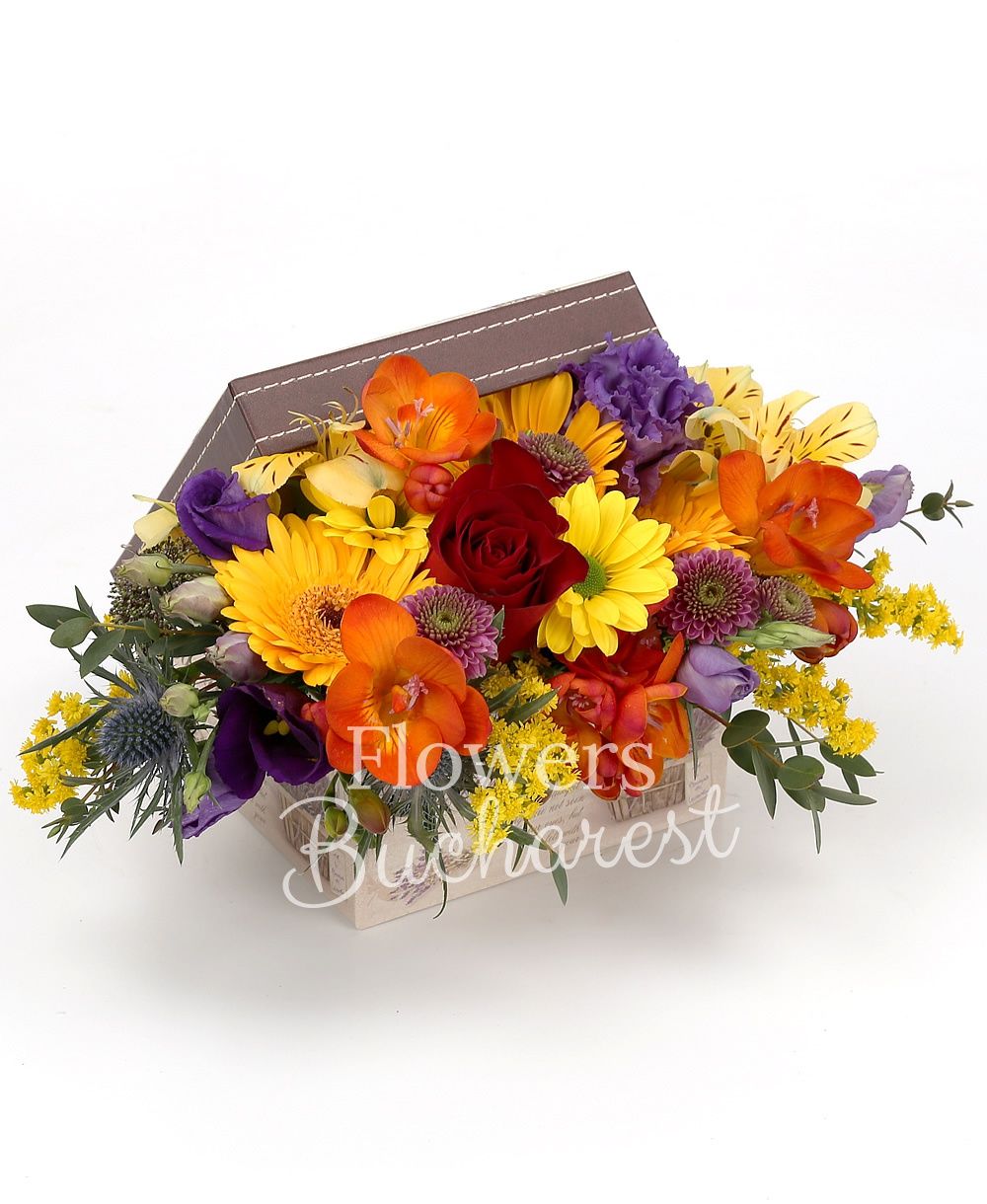 5 orange freesias, 5 yellow gerberas, purple lisianthus, yellow alstroemeria, purple chrysanthemum, solidago, eryngium, greenery