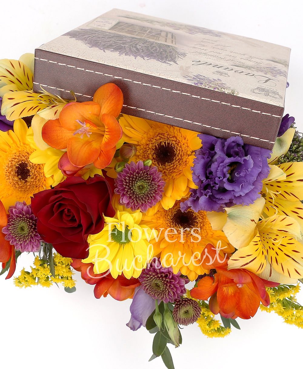 5 orange freesias, 5 yellow gerberas, purple lisianthus, yellow alstroemeria, purple chrysanthemum, solidago, eryngium, greenery